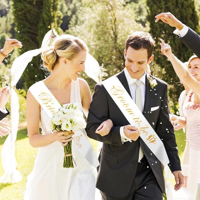 Bride Sash Groom Sash 2PCS Bride and Groom Sash Set White Bridal Sash Bachelorette Party Supplies Bride Gifts Bachelorette Outfit for Bride Accessories for Bachelorette Party Bridal Shower Favors