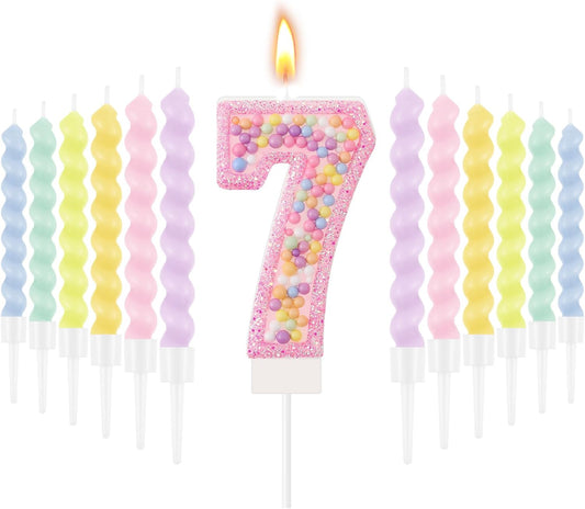 MTLEE Number 7 Birthday Candle with 12 Pcs Spiral Candles for Girls Macaron Pastel Rainbow Unicorn Pink Cake Topper for Sweet Theme Party Decoration
