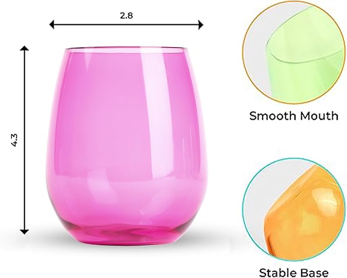 pop design Premium Unbreakable Stemless Wine Glasses – Set of 6 Durable BPA-Free Shatterproof Acrylic Glasses, 16oz Reusable Drinkware for Wine, Champagne, Cocktails, Home Bar & Outdoor Use
