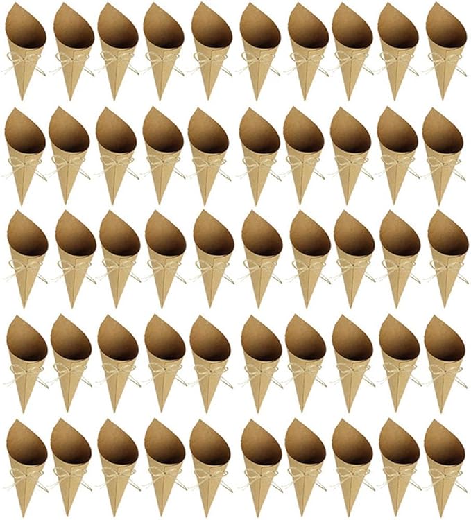 50pcs Wedding Confetti petals Cones, Kraft Cone Party Table Decor Candy Cones Charcuterie Cones Flowers Packing Bag