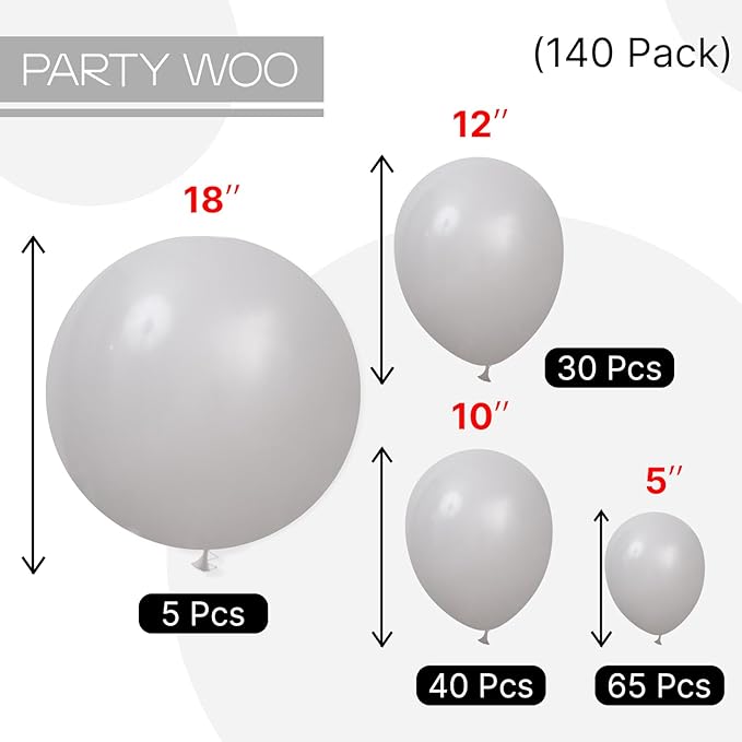 PartyWoo Gray Balloons 140pcs Different Sizes Pack of 18 12 10 5 Inch Matte Gray Latex Balloon Arch Kit for Baby Shower Graduation Wedding Anniversary Birthday Party Decorations Gray-Y71