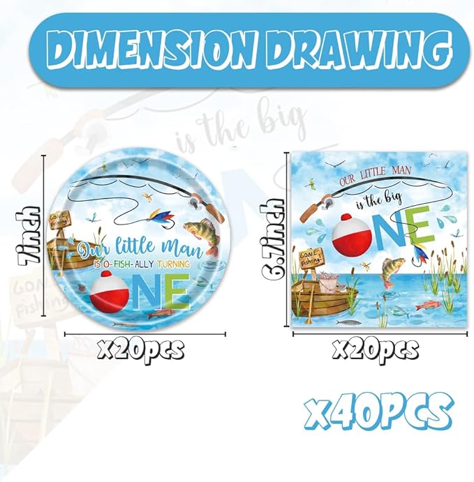 40pcs Fishing 1st Birthday Party Supplies Boys Fishing Birthday Party Decorations Plates and Napkins Gone Fishing Themed Party Tableware Set for Baby Shower