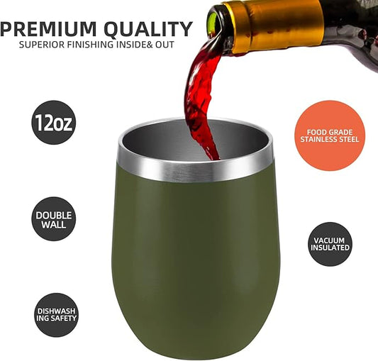 12 oz Insulated Wine Tumbler with Lid and Straw,Stainless Steel Stemless Wine Tumbler Glasses Double Wall Vacuum Wine Cups Tumbler Bulk for Champaign,Cocktail,Office(Navy Green,8)