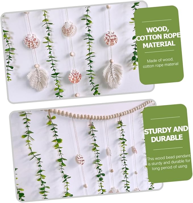 Wooden Bead Hanging Garland with Simulated Eucalyptus Leaves and Shells Lightweight Pastoral Wall Decor for Home Party Window Bedpost Shelf Photo Prop Boho Rustic Style