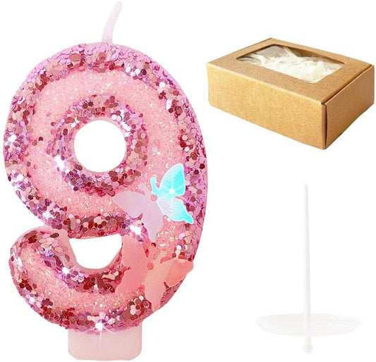 Birthday Candles Number 9,Pink Glitter Happy Birthday Cake Candles Handmade Sequin Numeral Candle