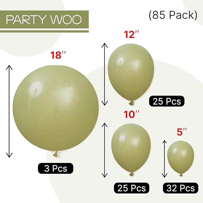 PartyWoo Sage Green Balloons 85pcs Different Sizes of 18 12 10 5 Inch Olive Boho Green Latex Balloon Arch Kit for Wedding Birthday Dinosaur Jungle Golf Football Theme Party Decorations Green-F11