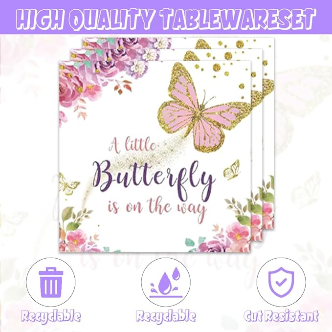 40pcs Butterfly Birthday Decorations Butterfly Tableware Paper Plates and Napkins for Girls Birthday Party Baby Shower