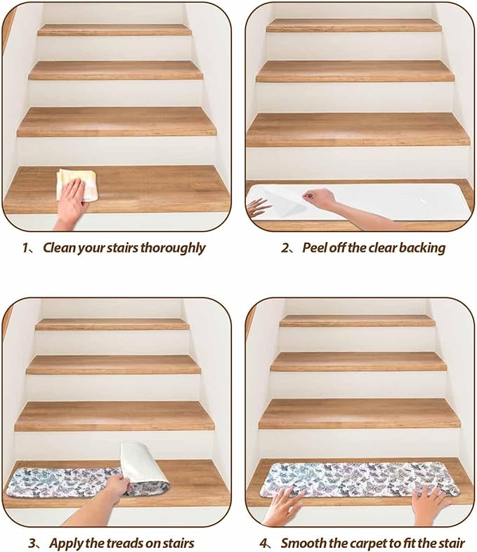 Spring Day Stair Treads Non Slip for Wooden Steps Abstract Simple Line Butterflies Colorful Gradient Stair Runner Carpet Reusable Adhesive Staircase Rugs for Dogs, Elders and Pets, 8x30 Inch, 10PCS