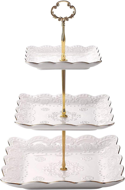 3-Tier Square Ceramic Cupcake Stand, High Tea Stand for Party or Holiday Hosting (with Gold Edge)