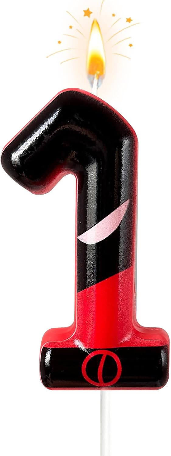Black Red Mask Number 1 Birthday Candles - Comic Themed Cake Topper for Birthday Decorations Supplies, 1 Candle Party Favors (Number 1)