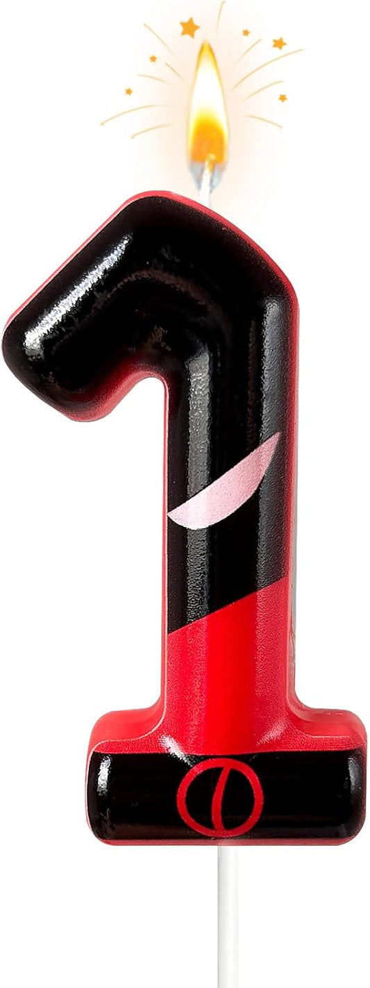 Black Red Mask Number 1 Birthday Candles - Comic Themed Cake Topper for Birthday Decorations Supplies, 1 Candle Party Favors (Number 1)