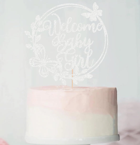 Welcome Baby Girl Cake Topper - Silver Glitter Baby Shower Cake Decorations, Baby Girl Cake Decor, for Baby Shower/Birthday Party/Gender Reveal Party Photo Booth Props