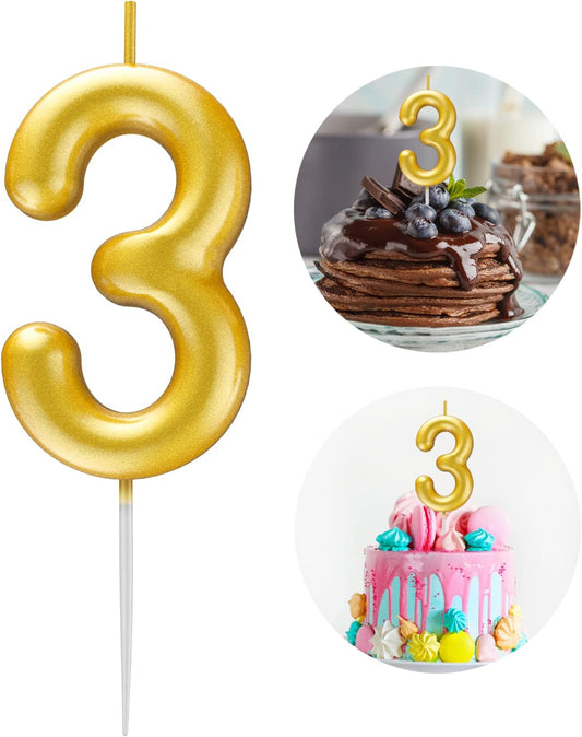 Gold Number 3 Candle Happy Birthday 3D Number Candles for Birthday Cake Party Decoration Wedding Anniversary Celebration Supplies