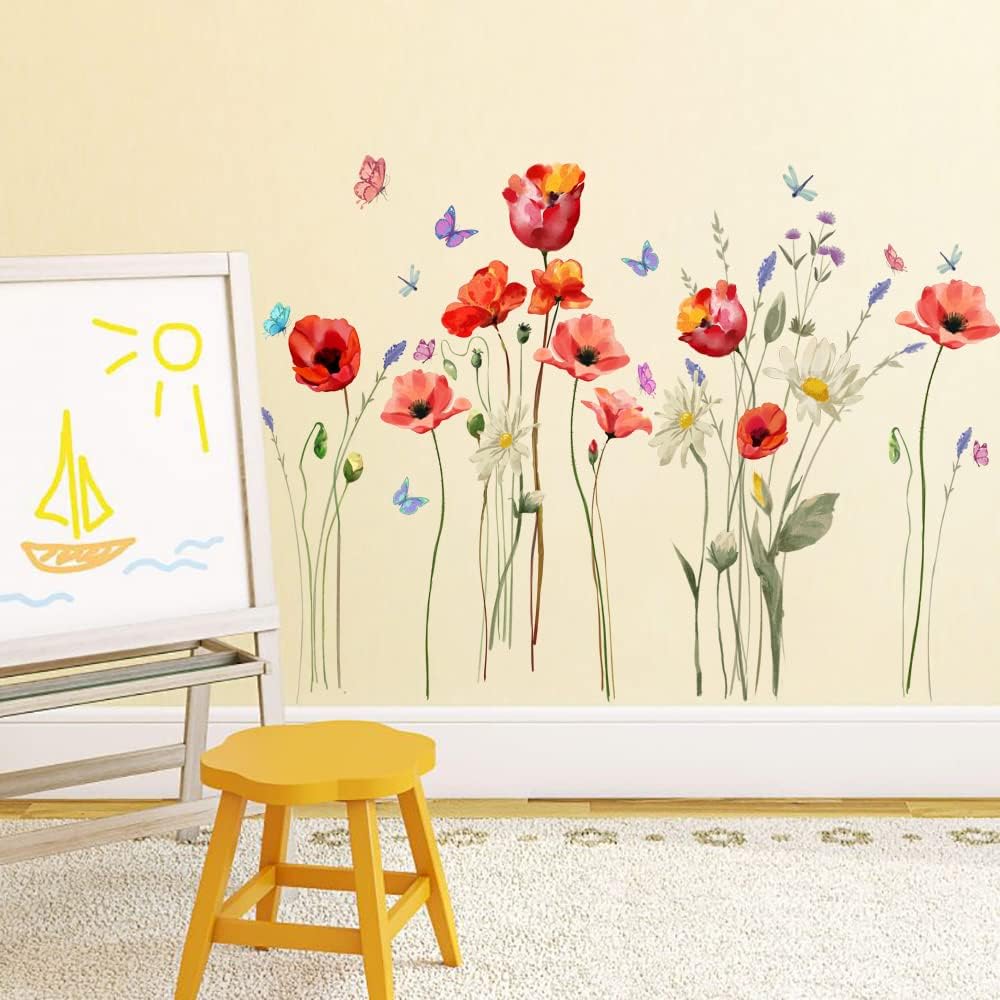 Runtoo Poppy Flowers Art Stickers Butterfly Floral Wall Decals for Living Room Bedroom Decor
