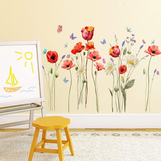 Runtoo Poppy Flowers Art Stickers Butterfly Floral Wall Decals for Living Room Bedroom Decor