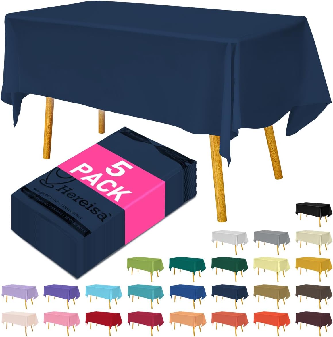 Disposable Plastic Tablecloth Navy Blue 54x108 Inch, 5-Pack Waterproof Rectangular Table Cover for Parties, Picnics, Dining Protection