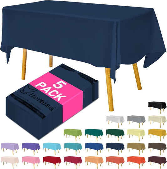 Disposable Plastic Tablecloth Navy Blue 54x108 Inch, 5-Pack Waterproof Rectangular Table Cover for Parties, Picnics, Dining Protection
