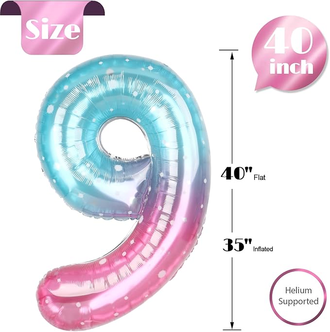 Starry Sky Number 9 Balloon 40 Inch, 9th Birthday Party Decorations for Children, Giant 9 Foil Balloon for Party Supplies