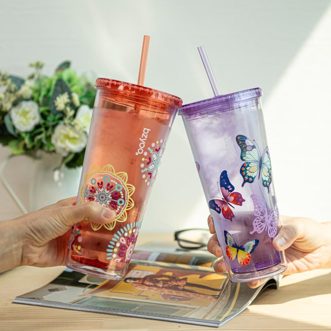 bzyoo SIP 24oz (710ml) Double Wall Plastic Tumbler with Lid and Straw Cold Drink Travel Mug Reusable Party Cup Perfect for Ice Coffee, Tea Office Poolside Parties Gifts Color: Butterfly Purple
