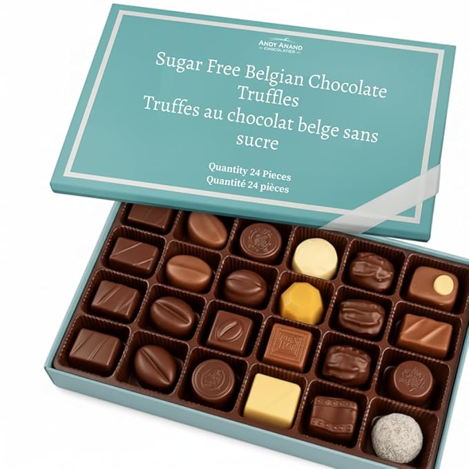 Andy Anand Chocolatier Sugar Free Belgian Chocolate Truffles - Delicious Handmade Chocolate Assortments Gift Box, Sweetened With Natural Stevia, Perfect as Chocolate Gifts For Women (24 Pieces)