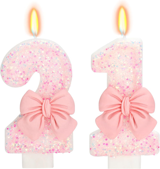 21st Birthday Candles for Cake, Pink Bow Number Cake Candles, 2.76 inch Number Happy Birthday Candle, Cake Topper Decoration for Birthday Party (Number 21)
