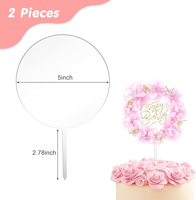 Jetec 2 Pieces 5 Inch Acrylic Cake Topper Blank Round Clear DIY Birthday Cake Topper for Personalized Custom Wedding, Birthday Festival Party Decorations