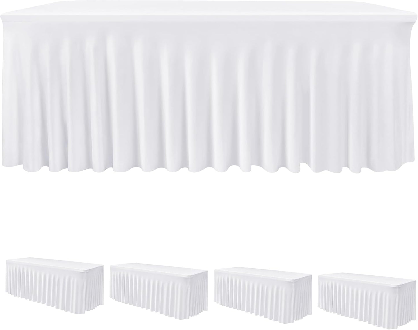 HolidayIdeas White 8ft Spandex Wedding Tablecloth Fitted Stretch Table Skirts 30x96 Inch, Wrinkle-Free Floor Length Polyester Table Cover for Birthday Parties Engagement, Banquets, Events,4 Pack