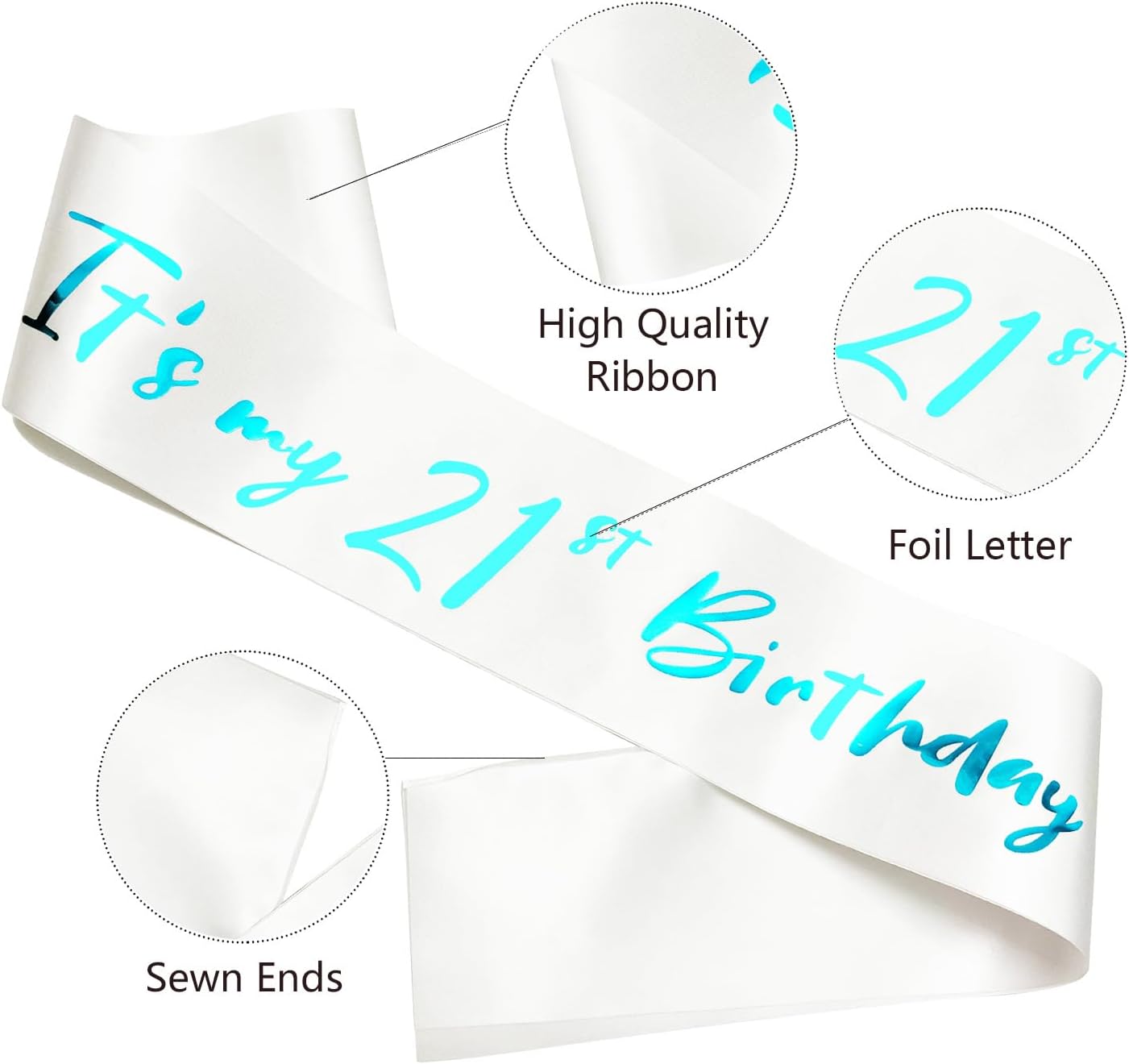 21st Birthday Sash, White Satin Soft Sashes with Blue Foil Letter, Birthday Decorations for Girls Happy 21st Birthday Party Favor Supplies,White Blue