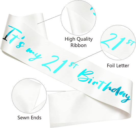 21st Birthday Sash, White Satin Soft Sashes with Blue Foil Letter, Birthday Decorations for Girls Happy 21st Birthday Party Favor Supplies,White Blue
