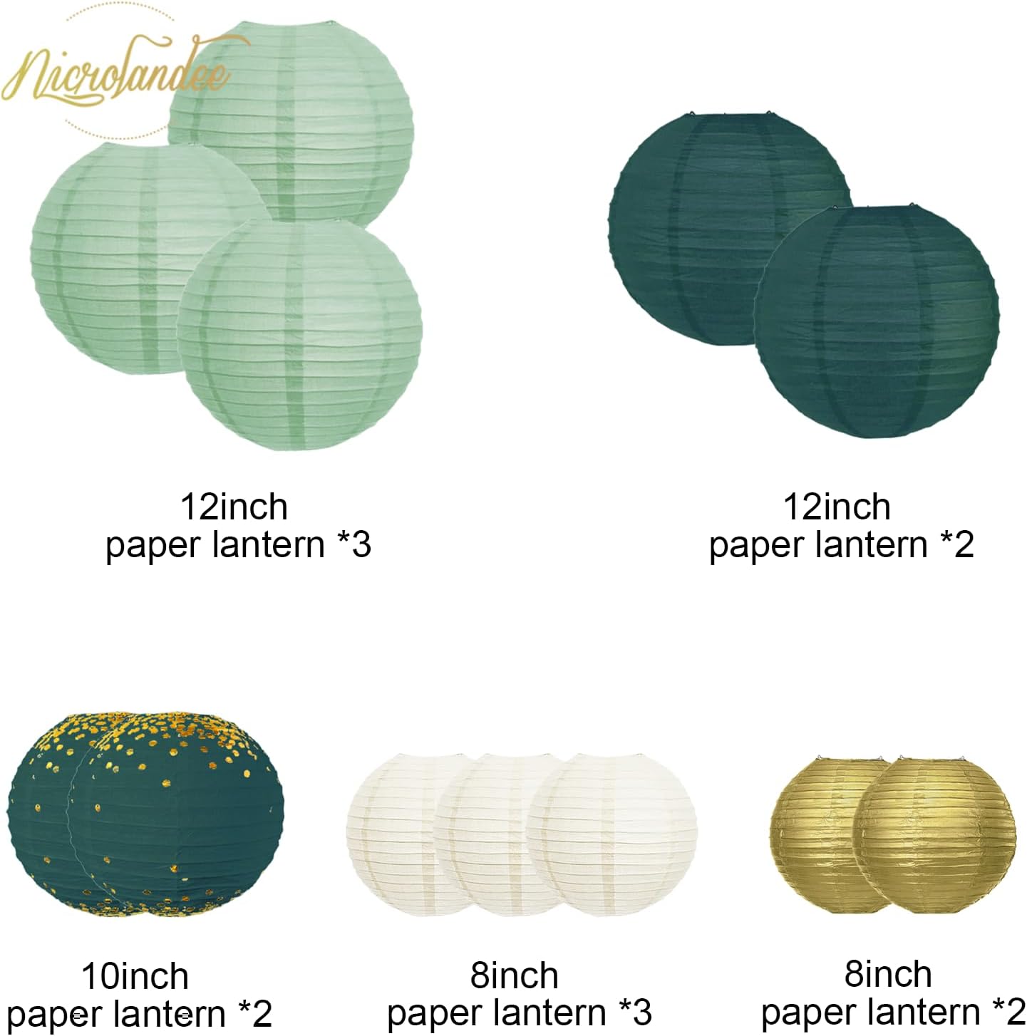 NICROLANDEE Green Wedding Party Decorations - 12PCS Green Gold Paper Lanterns for St Patrick's Day Bridal Shower Baby Shower Birthday Eucalyptus Neutral Garden Party Decor