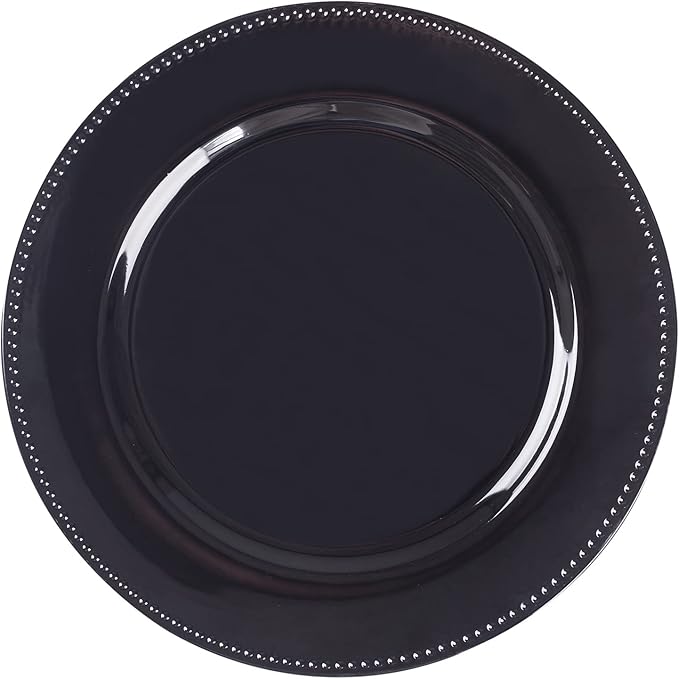 MAONAME Black Charger Plates, Round Dinner Charger with Beaded, 13 Inch Plastic Plate Chargers for Wedding, Table Decor, Set of 12