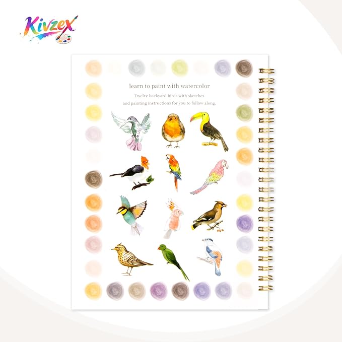 Kivzex Watercolor Workbook for Adults, Beginner Friendly Watercolor Painting Kit Birds Water Coloring Book, Nature-Themed Practice Art Gift Water Color Paint Book with Palette and Brush