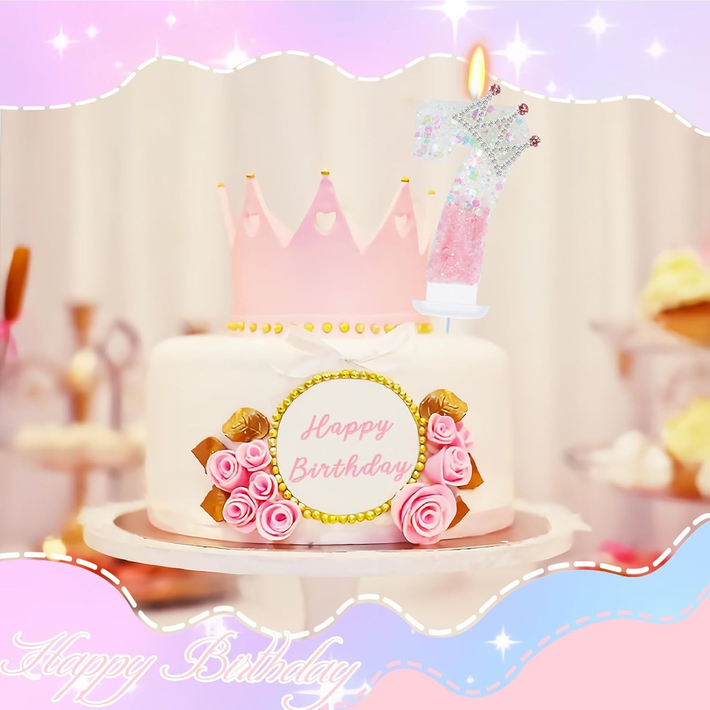 Pink White Number 7 Candle, Glitter Crown Cake Topper, Princess Birthday Party Decorations for Girls and Women Anniversary Celebrations Party Favors