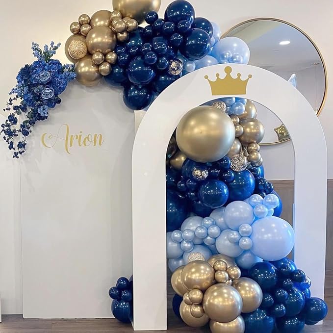 Navy Blue and Gold Balloons Arch Kit, 162pcs Different Sizes with Navy Pastel Blue Chrome Gold Confetti Balloons for 2025 Graduation Prom Anniversary Ocean Baby Shower Birthday Party Decorations
