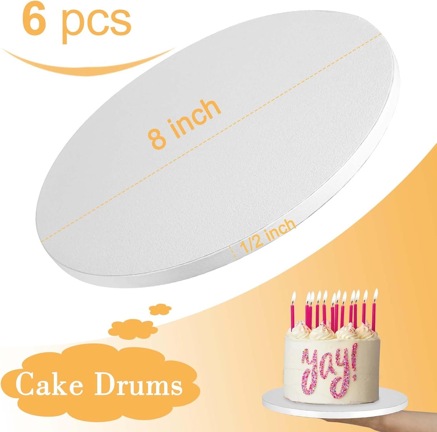 6 PCS Cake Drums 8 Inch, 8inch Drum, Cake Boards 8 Inch Round, 1/2" Thick Cardboard, Sturdy Circle, Base para Pastel