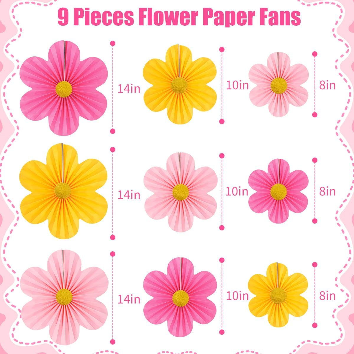 Pink Party Decorations Paper Flowers Decorations for Wall Classroom Paper Fans Floral Backdrop Flower Wall Decor Pack of 9 Pink Yellow