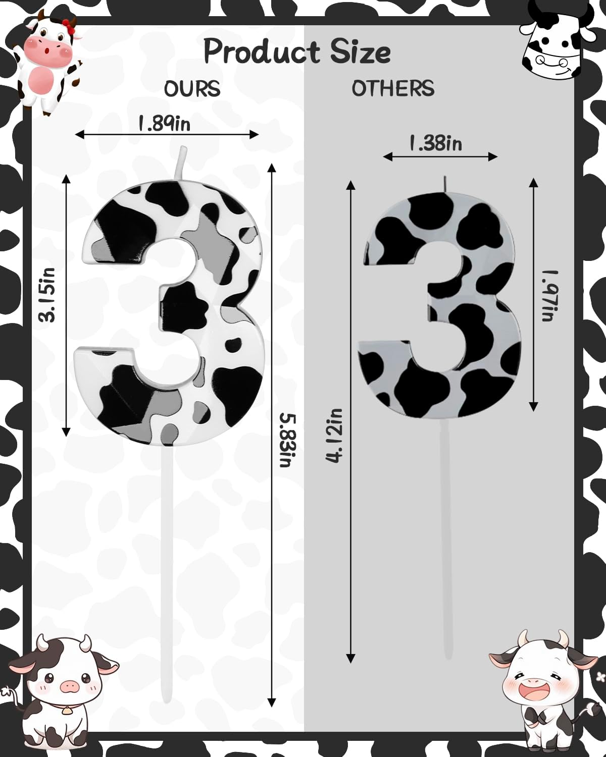 Number 3 Black Cow Birthday Candles，2.68 inch Metallic 3D Cow Birthday Candles, Cow Themed Cake Topper Decorations for Birthday Party Anniversary Celebration Supplies