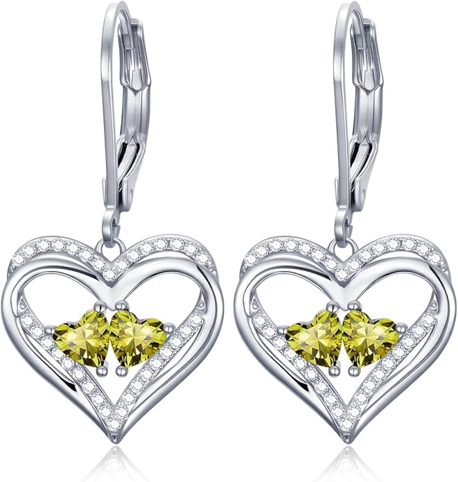 Valentines Day Gifts for Women, Heart Leverback Earrings Double Birthstone Dangle Earrings for Women, Love Jewelry for Her, Anniversary Birthday Gift for Mom Wife Girlfriend