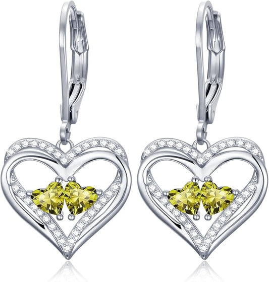 Valentines Day Gifts for Women, Heart Leverback Earrings Double Birthstone Dangle Earrings for Women, Love Jewelry for Her, Anniversary Birthday Gift for Mom Wife Girlfriend