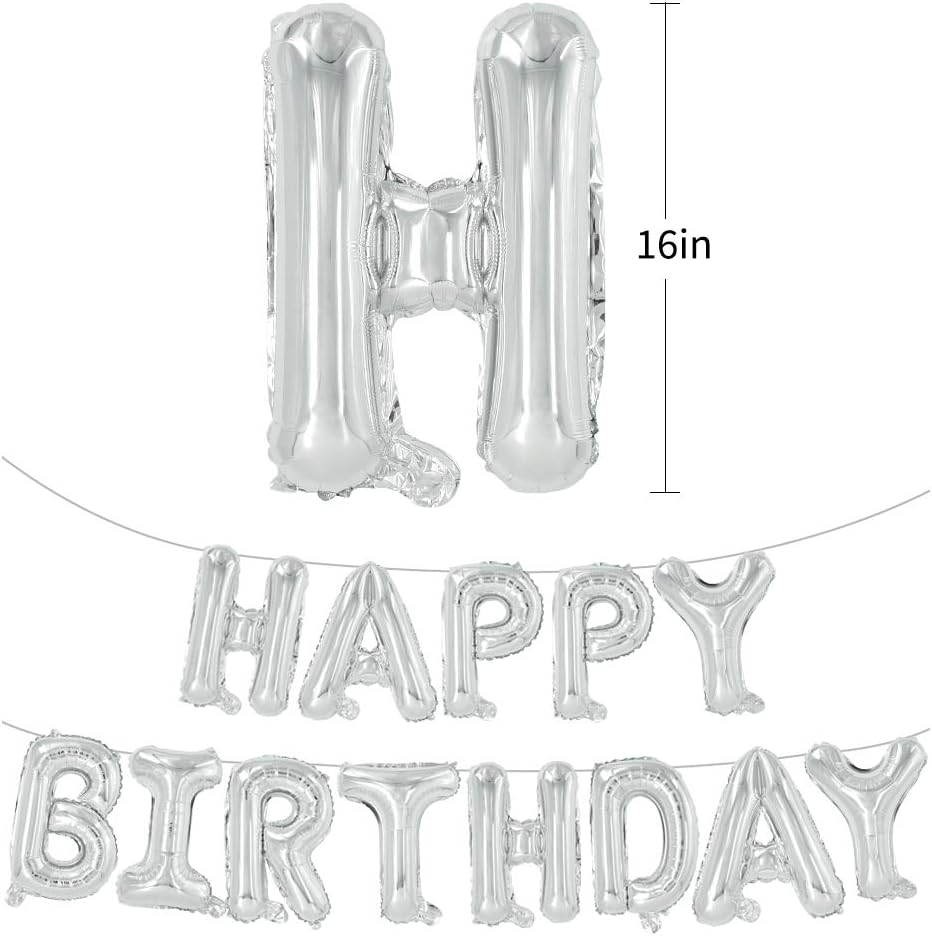 TONIFUL Silver Happy Birthday Balloons Banner, 16 Inch Mylar Foil Letters Sign Bunting Reusable for Girls Boys Kids & Adults Birthday Decorations Party Supplies