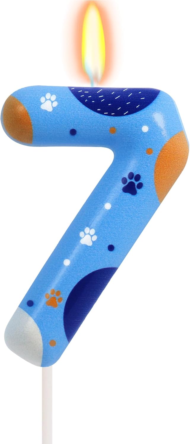 Blue Dog Paw Birthday Candles, Number 7 Paw Print Birthday Party Supplies, 2.76 inch Paw Cake Topper Decorations, Birthday Decorations (Number 7)