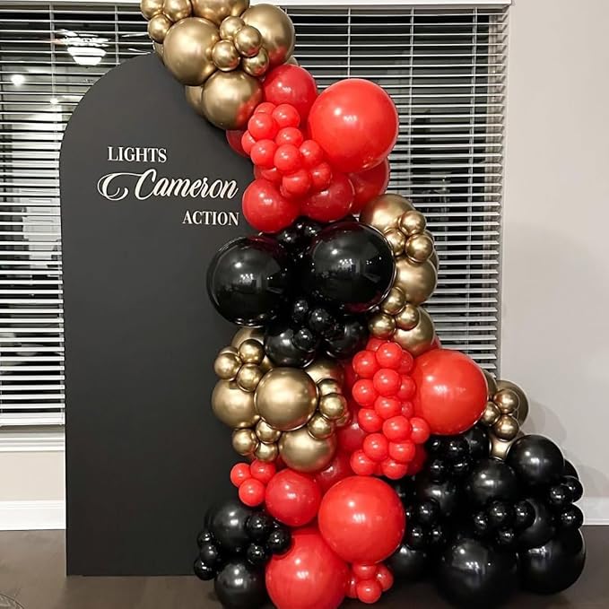 Red Black and Gold Balloons Arch Kit, 162pcs Different Sizes with Black Red Chrome Gold Confetti Balloons for Graduation Prom Movie Night Vegas Casino Hollywood Theme Party Decorations