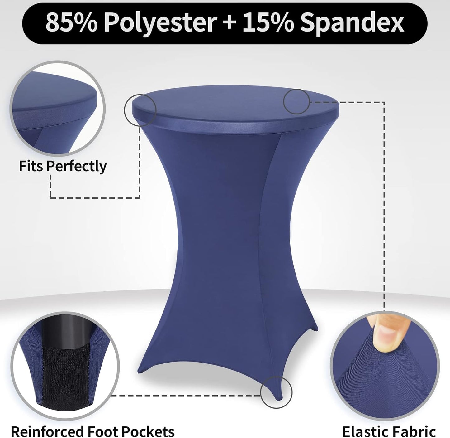 FestiCorp Spandex Table Cover, Cocktail Fitted Tablecloths, Round Highboy Stretch Table Covers Cloths for Party, DJ, Wedding, Birthday, Banquet, Navy Blue, 30"-32" Diameter x 40"-43" Height