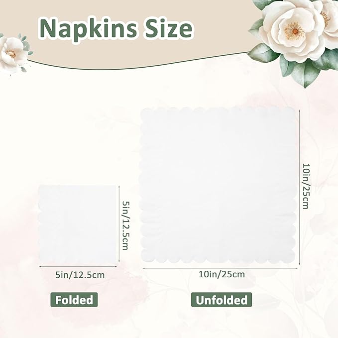 100 Pcs White Napkins Scalloped Edged Dessert Cocktail Napkins Folded 5 x 5 Inches Disposable Napkins for Dinner Wedding Birthday Party