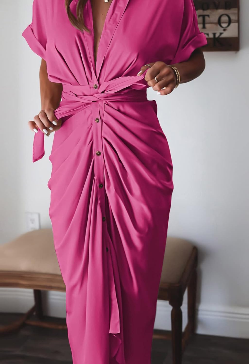 Women Elegant Satin Button Down Short Sleeve Maxi Shirt Dress with Belt