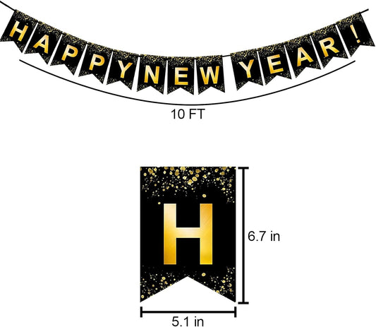 Fecedy Black Gold Happy New Year Banner for New year Party Decorations