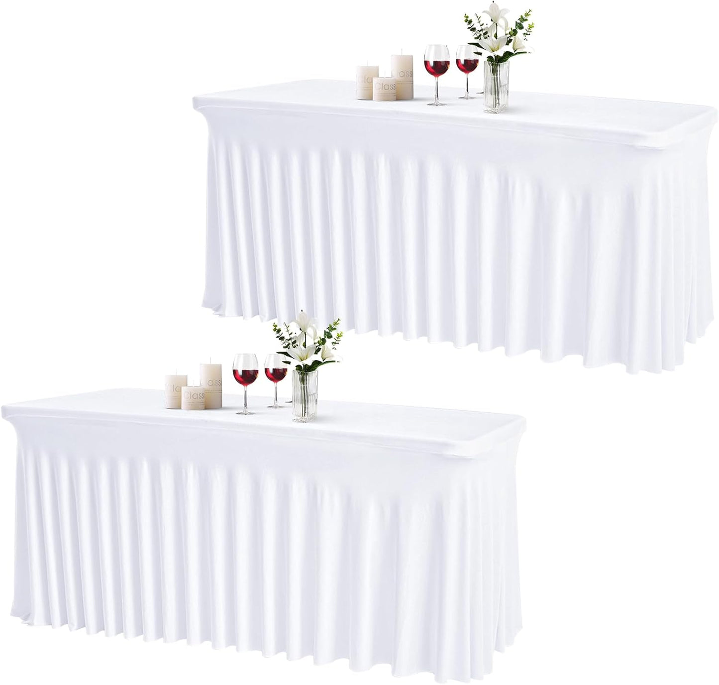 JCJ Table Skirt for Rectangle Tables Set of 2 Spandex Fitted White Tablecloths for 4FT Tables, Wrinkle Resistant Ruffles Elastic Table Cover Skirts for Teacher Desk Weddings Banquets Parties