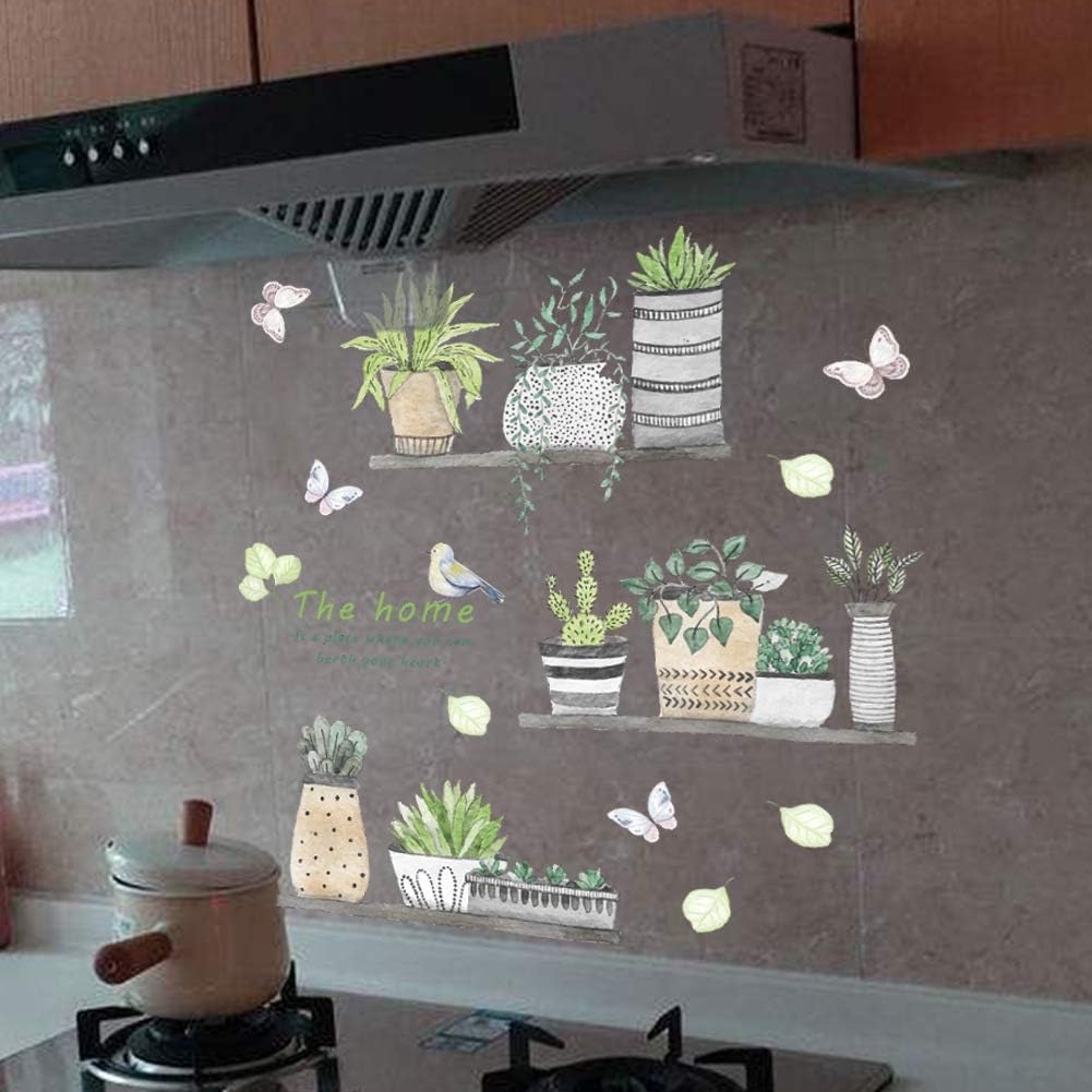 2 Set Plant Wall Decals Kitchen Wall Stickers Wall Decor Murals for Bathroom Bedroom Living Room Wall Art Decal Boho Hanging Shelves Tree Wall Decal Room Decor 3D Wall Art Decoration Peel and Stick