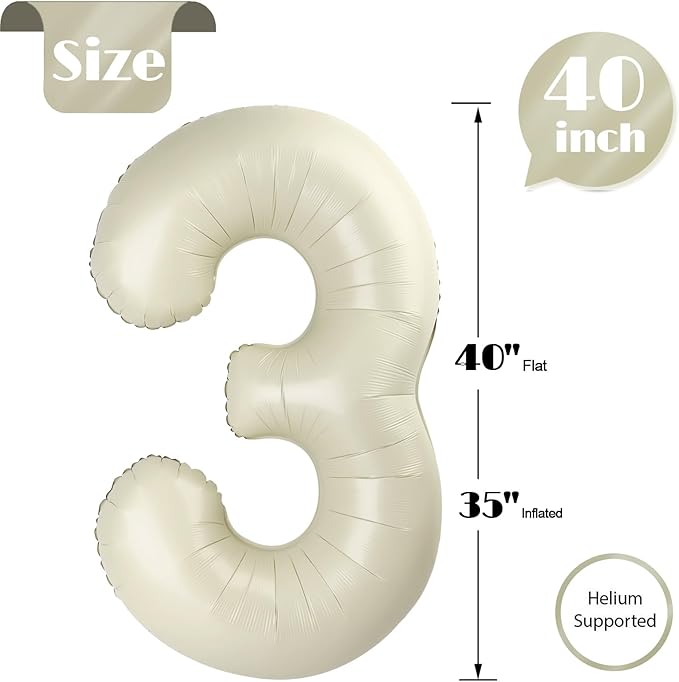 Cream 3 Balloon, Cream Number Balloons 40 Inch, 3rd Birthday Decorations for Kids Girls Boys, Men Women Party Supplies for Party Decorations, Number 3 Balloon