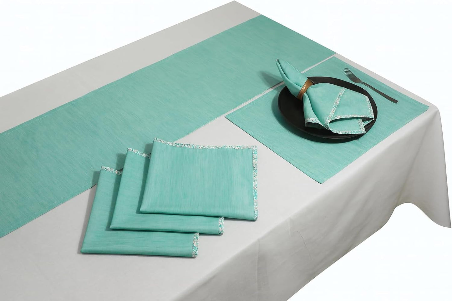 Indtresor Indian Heritage Fabric Cotton Table Linen Reversible Set Runner Napkins Mats in Green